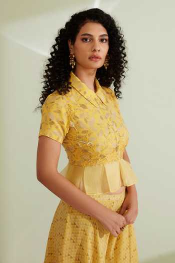 1999ad By Amita & Deepak_Yellow Crepe Embroidery Shawl Neck Diantha Peplum Top Pant Set _Online_at_Aza_Fashions