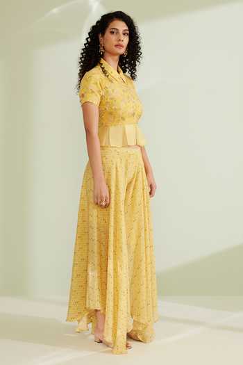 Buy_1999ad By Amita & Deepak_Yellow Crepe Embroidery Shawl Neck Diantha Peplum Top Pant Set _Online_at_Aza_Fashions