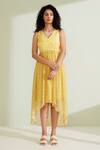Buy_1999ad By Amita & Deepak_Yellow Viscose, Georgette Beads V-neck Blaine Geometric Print Dress _at_Aza_Fashions