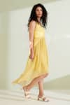 Shop_1999ad By Amita & Deepak_Yellow Viscose, Georgette Beads V-neck Blaine Geometric Print Dress _Online_at_Aza_Fashions