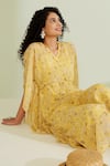 1999ad By Amita & Deepak_Yellow Viscose, Georgette V-neck Leilani Floral Print Kaftan _Online_at_Aza_Fashions