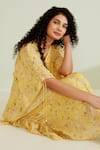 Shop_1999ad By Amita & Deepak_Yellow Viscose, Georgette V-neck Leilani Floral Print Kaftan _Online_at_Aza_Fashions
