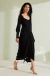 Buy_1999ad By Amita & Deepak_Black Crepe V-neck Zaynab Solid Draped Dress _at_Aza_Fashions
