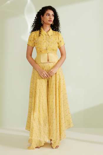 Shop_1999ad By Amita & Deepak_Yellow Crepe Embroidery Shawl Neck Diantha Peplum Top Pant Set _Online_at_Aza_Fashions