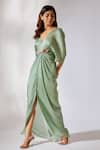 Buy_Masumi Mewawalla_Green Gajji Silk Embroidered V Neck Draped Dress _at_Aza_Fashions