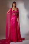Buy_Masumi Mewawalla_Pink Mashroo Silk Embroidered Sweetheart Neck Corset Gown With Cape_at_Aza_Fashions