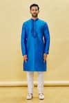 Samyukta Singhania_Blue Silk, Cotton Embroidery Thread Placket Kurta Set _Online_at_Aza_Fashions