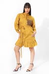 16Stitches_Yellow Egyption Cotton Placement Hand Patch Pocket Shirt Dress  _Online_at_Aza_Fashions