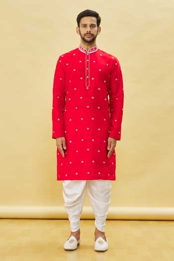 Maroon Silk Kurta Set For Men With Floral Motif Print main image 1