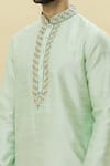 Shop_Samyukta Singhania_Green Silk, Leather Embroidery Mandarin Collar Kurta Patiala Set _Online_at_Aza_Fashions