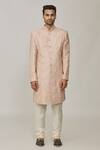 Nero by Shaifali and Satya_Pink Lucknowi Fabric Embroidered Cutdana Zardozi Sherwani With Churidar_Online_at_Aza_Fashions