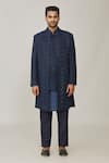 Shop_Nero by Shaifali and Satya_Blue Lucknowi Fabric Embroidered Cutdana Embellished Jacket Kurta Set_Online_at_Aza_Fashions