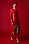 Shop_PDS by SNEHA_Red Silk Hand Embroidery Bird V Neck Placement Kurta With Pant _Online_at_Aza_Fashions