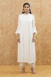 Buy_House Of TA-YA_Off White Satin, Chiffon Lace Round Neck Bell Sleeve Flared Kurta Set _Online_at_Aza_Fashions