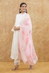 Shop_House Of TA-YA_Off White Satin, Chiffon Lace Round Neck Bell Sleeve Flared Kurta Set _Online_at_Aza_Fashions