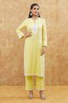 Buy_House Of TA-YA_Yellow Linen Embroidery Round Neck Placement Kurta With Pant _at_Aza_Fashions