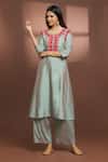 Buy_Samyukta Singhania_Grey Cotton, Silk Embroidery Round Neck Flared Kurta And Pant Set _Online_at_Aza_Fashions