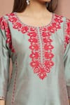Shop_Samyukta Singhania_Grey Cotton, Silk Embroidery Round Neck Flared Kurta And Pant Set _Online_at_Aza_Fashions