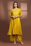 Buy_Samyukta Singhania_Yellow Viscose Embroidered Leaf Round Gathered Anarkali And Pant Set _at_Aza_Fashions