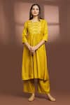 Buy_Samyukta Singhania_Yellow Viscose Embroidered Leaf Round Gathered Anarkali And Pant Set _Online_at_Aza_Fashions