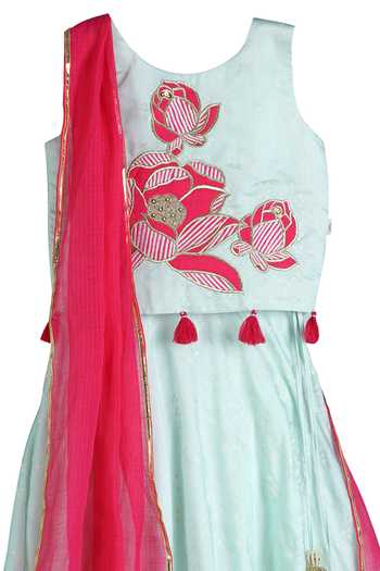 MI Dulce AN'YA_Green Handloom Cotton, Chanderi, Placement Embroidered Blouse Lehenga Set _Online_at_Aza_Fashions