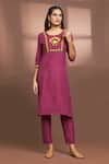 Buy_Samyukta Singhania_Maroon Cotton Embroidered Floral Round Straight Kurta And Pant Set _at_Aza_Fashions