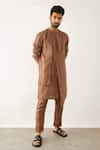 Buy_Son of A Noble Snob_Brown 100% Linen Plain Yam Round Neck Kurta Set  _at_Aza_Fashions