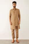 Son of A Noble Snob_Brown 100% Linen Plain Zend Shirt Kurta Set _Online_at_Aza_Fashions