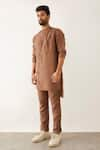 Son of A Noble Snob_Brown 100% Linen Plain Driss Round High Neck Kurta Set  _Online_at_Aza_Fashions