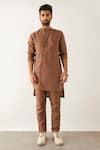 Buy_Son of A Noble Snob_Brown 100% Linen Plain Driss Round High Neck Kurta Set  _Online_at_Aza_Fashions