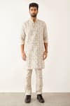 Buy_Son Of A Noble Snob_Ivory Linen Embroidery Halles Grid Floral Print Kurta Set _Online_at_Aza_Fashions