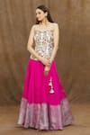 Buy_Samyukta Singhania_Pink Corset Raw Silk Embroidered Thread Sweetheart Floral With Ombre Lehenga _at_Aza_Fashions