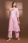Buy_Samyukta Singhania_Pink Cotton, Silk Embroidery Split V-neck Kurta And Pant Set _at_Aza_Fashions