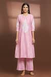 Samyukta Singhania_Pink Cotton, Silk Embroidery Split V-neck Kurta And Pant Set _Online_at_Aza_Fashions