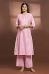 Buy_Samyukta Singhania_Pink Cotton, Silk Embroidery Split V-neck Kurta And Pant Set _Online_at_Aza_Fashions