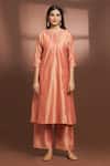 Samyukta Singhania Peach Cotton, Silk Embroidery Round Neck Flared Kurta And Pant Set Online at Aza Fashions Samyukta Singhania_Peach Cotton, Silk Embroidery Round Neck Flared Kurta And Pant Set _Online_at_Aza_Fashions