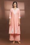 Samyukta Singhania_Peach Cotton, Silk Embroidery Split V-neck Floral Flared Kurta And Pant Set _Online_at_Aza_Fashions