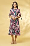 Shop_Khushbu Rathod Label_Black Wrinkle Cotton Printed Floral Round Midi Dress _Online_at_Aza_Fashions