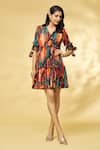 Khushbu Rathod Label_Orange Wrinkle Cotton Printed Abstract V Neck Overlap Dress _at_Aza_Fashions