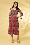 Buy_Khushbu Rathod Label_Red Wrinkle Cotton Printed Feather Square V Smocked Waist Midi Dress _Online_at_Aza_Fashions