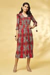 Shop_Khushbu Rathod Label_Red Wrinkle Cotton Printed Feather Square V Smocked Waist Midi Dress _Online_at_Aza_Fashions