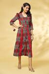 Buy_Khushbu Rathod Label_Red Wrinkle Cotton Printed Feather Square V Smocked Waist Midi Dress _at_Aza_Fashions