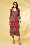 Khushbu Rathod Label_Red Wrinkle Cotton Printed Feather Square V Smocked Waist Midi Dress _at_Aza_Fashions