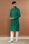 Buy_Aham-Vayam_Green Cotton Sequins Mughal Embroidered Kurta And Churidar Set _Online_at_Aza_Fashions