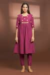 Buy_Samyukta Singhania_Maroon Cotton Embroidered Floral Round Flared Anarkali And Pant Set _Online_at_Aza_Fashions