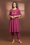 Samyukta Singhania_Maroon Cotton Embroidered Floral Round Flared Anarkali And Pant Set _Online_at_Aza_Fashions