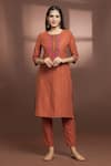 Buy_Samyukta Singhania_Brown Cotton Embroidered Floral Round Straight Kurta And Pant Set _at_Aza_Fashions