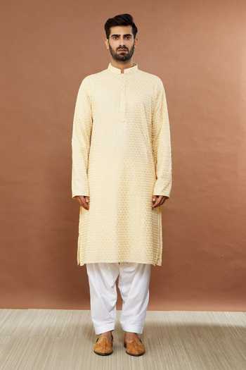 Buy_Aham-Vayam_Beige , Satin Sequins Floral Embroidered Kurta And Patiala Set _Online_at_Aza_Fashions