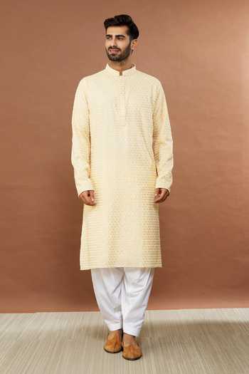 Shop_Aham-Vayam_Beige , Satin Sequins Floral Embroidered Kurta And Patiala Set _Online_at_Aza_Fashions