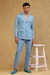 Shop_Soniya G_Blue Crepe Plain Button Down Jacket And Pant Set _Online_at_Aza_Fashions